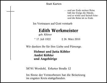 Traueranzeige von Edith Werkmeister von Tageszeitung