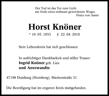 Traueranzeige von Horst Knöner von Tageszeitung