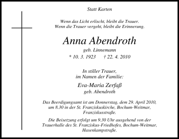 Traueranzeige von Anna Abendroth von Tageszeitung
