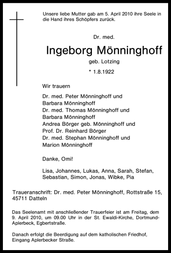 Traueranzeige von Ingeborg Mönninghoff von Tageszeitung