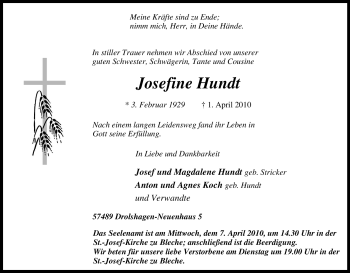 Traueranzeige von Josefine Hundt von Tageszeitung