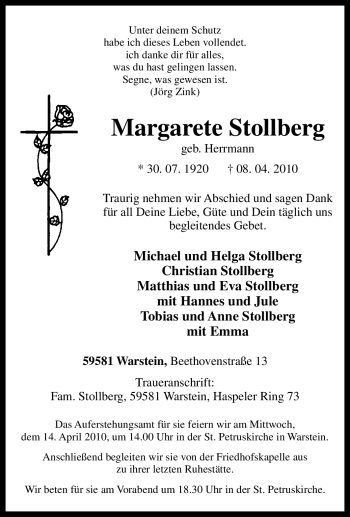 Traueranzeige von Margarete Stollberg von Tageszeitung
