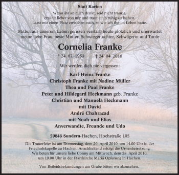 Traueranzeige von Cornelia Franke von Tageszeitung