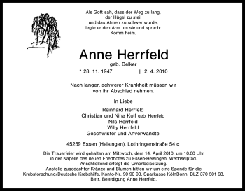 Traueranzeige von Anne Herrfeld von Tageszeitung