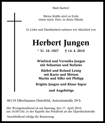 Traueranzeige von Herbert Jungen von Tageszeitung