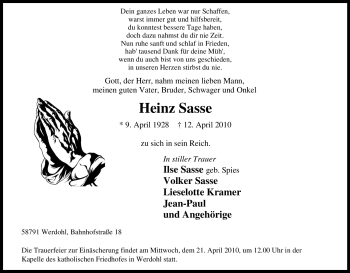 Traueranzeige von Heinz Sasse von Tageszeitung