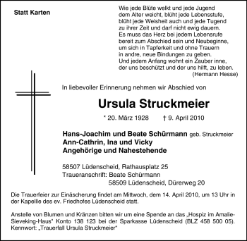 Traueranzeige von Ursula Struckmeier von Tageszeitung