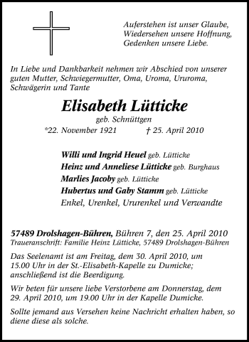 Traueranzeige von Elisabeth Lütticke von Tageszeitung