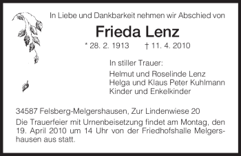 Traueranzeige von Frieda Lenz von Tageszeitung