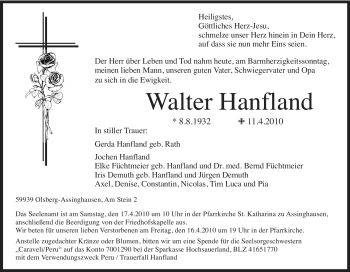 Traueranzeige von Walter Hanfland von Tageszeitung