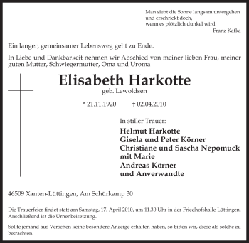 Traueranzeige von Elisabeth Harkotte von Tageszeitung