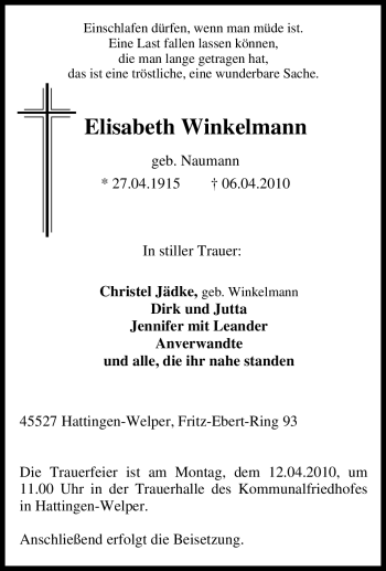 Traueranzeige von Elisabeth Winkelmann von Tageszeitung