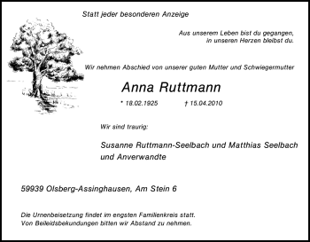 Traueranzeige von Anna Ruttmann von Tageszeitung