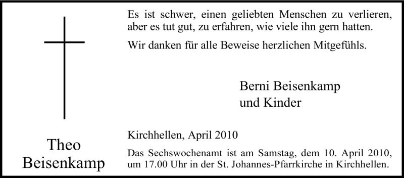  Traueranzeige für Theo Beisenkamp vom 07.04.2010 aus Tageszeitung
