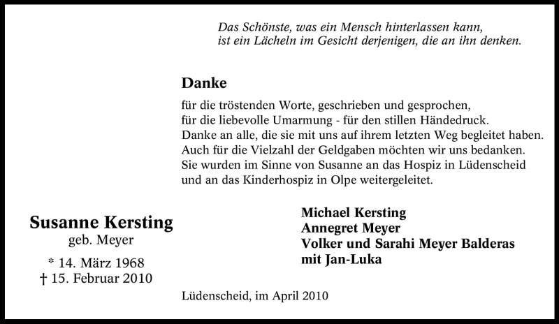 Traueranzeige für Susanne Kersting vom 01.04.2010 aus Tageszeitung
