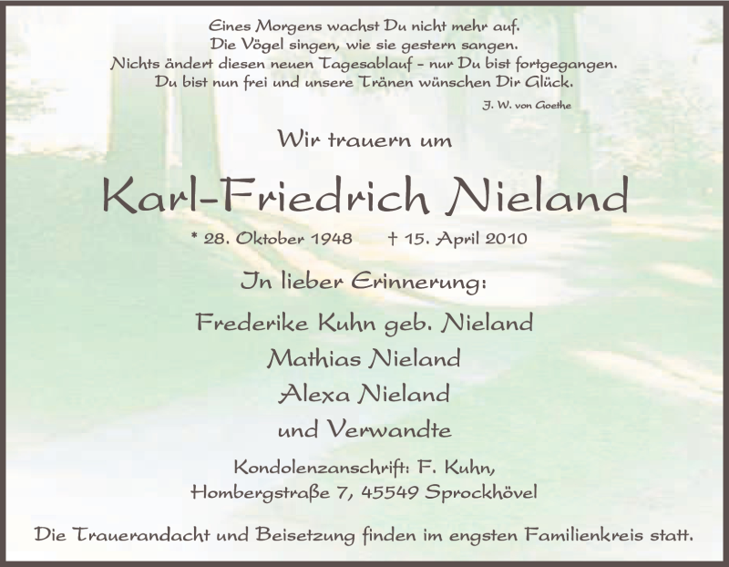  Traueranzeige für Karl-Friedrich Nieland vom 16.04.2010 aus Tageszeitung