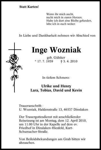 Traueranzeige von Inge Wozniak von Tageszeitung