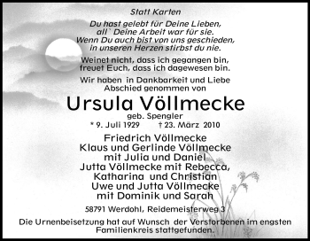 Traueranzeige von Ursula Völlmecke von Tageszeitung