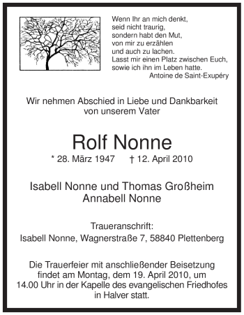 Traueranzeige von Rolf Nonne von Tageszeitung