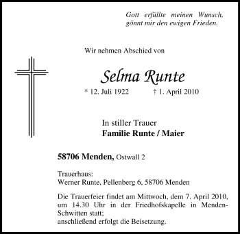 Traueranzeige von Selma Runte von Tageszeitung