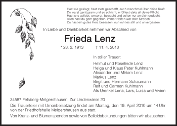 Traueranzeige von Frieda Lenz von Tageszeitung