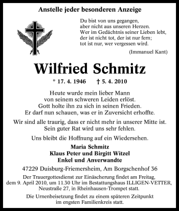 Traueranzeige von Wilfried Schmitz von Tageszeitung