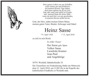 Traueranzeige von Heinz Sasse von Tageszeitung