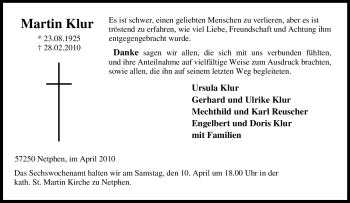 Traueranzeige von Martin Klur von Tageszeitung