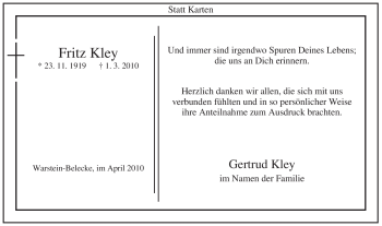 Traueranzeige von Fritz Kley von Tageszeitung