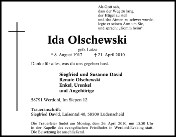 Traueranzeige von Ida Olschewski von Tageszeitung
