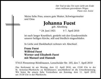 Traueranzeige von Johanna Fuest von Tageszeitung