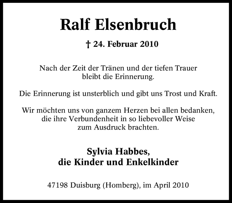  Traueranzeige für Ralf Elsenbruch vom 17.04.2010 aus Tageszeitung