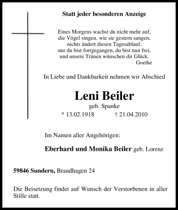 Traueranzeige von Leni Beiler von Tageszeitung