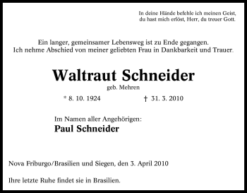 Traueranzeige von Waltraut Schneider von Tageszeitung