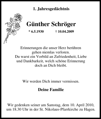 Traueranzeige von Günther Schröger von Tageszeitung