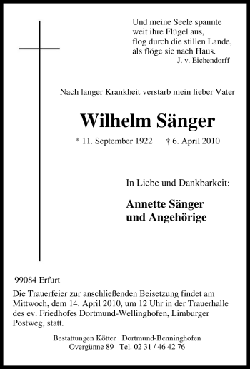 Traueranzeige von Wilhelm Sänger von Tageszeitung