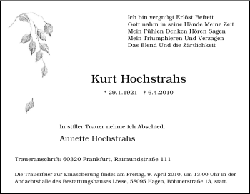 Traueranzeige von Kurt Hochstrahs von Tageszeitung