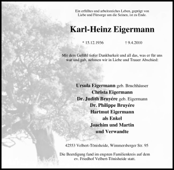 Traueranzeige von Karl-Heinz Eigermann von Tageszeitung