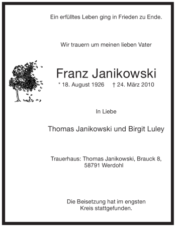 Traueranzeige von Franz Janikowski von Tageszeitung