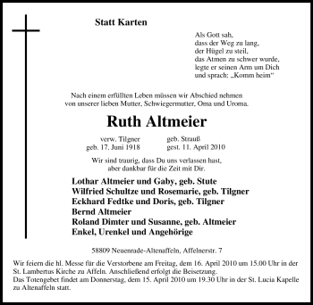 Traueranzeige von Ruth Altmeier von Tageszeitung