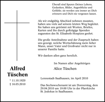Traueranzeige von Alfred Tüschen von Tageszeitung
