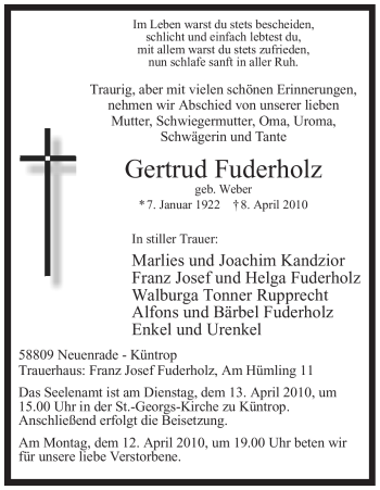 Traueranzeige von Gertrud Fuderholz von Tageszeitung