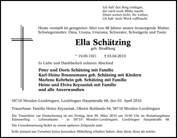 Traueranzeige von Ella Schätzing von Tageszeitung