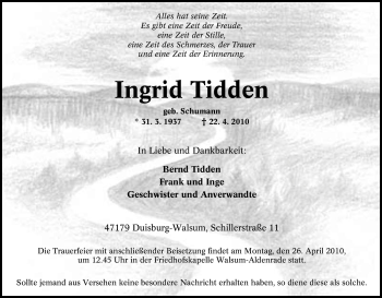 Traueranzeige von Ingrid Tidden von Tageszeitung