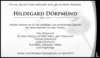 Traueranzeige von Hildegard Dörpmund von Tageszeitung