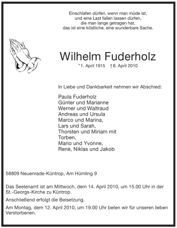 Traueranzeige von Wilhelm Fuderholz von Tageszeitung