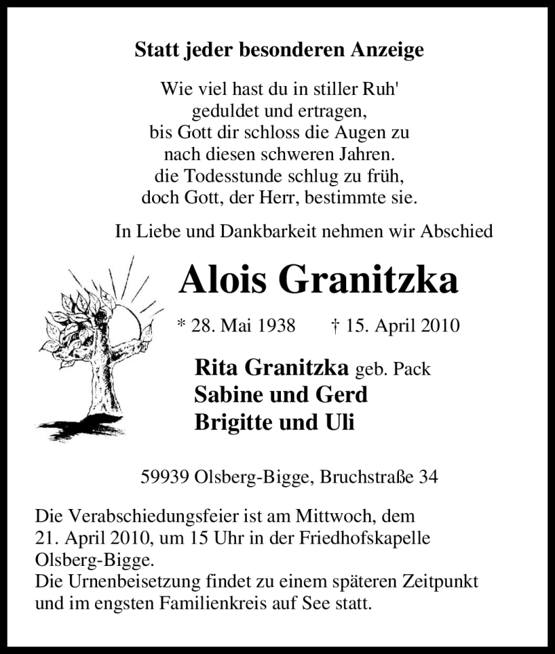  Traueranzeige für Alois Granitzka vom 17.04.2010 aus Tageszeitung