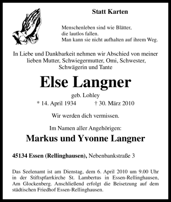 Traueranzeige von Else Langner von Tageszeitung