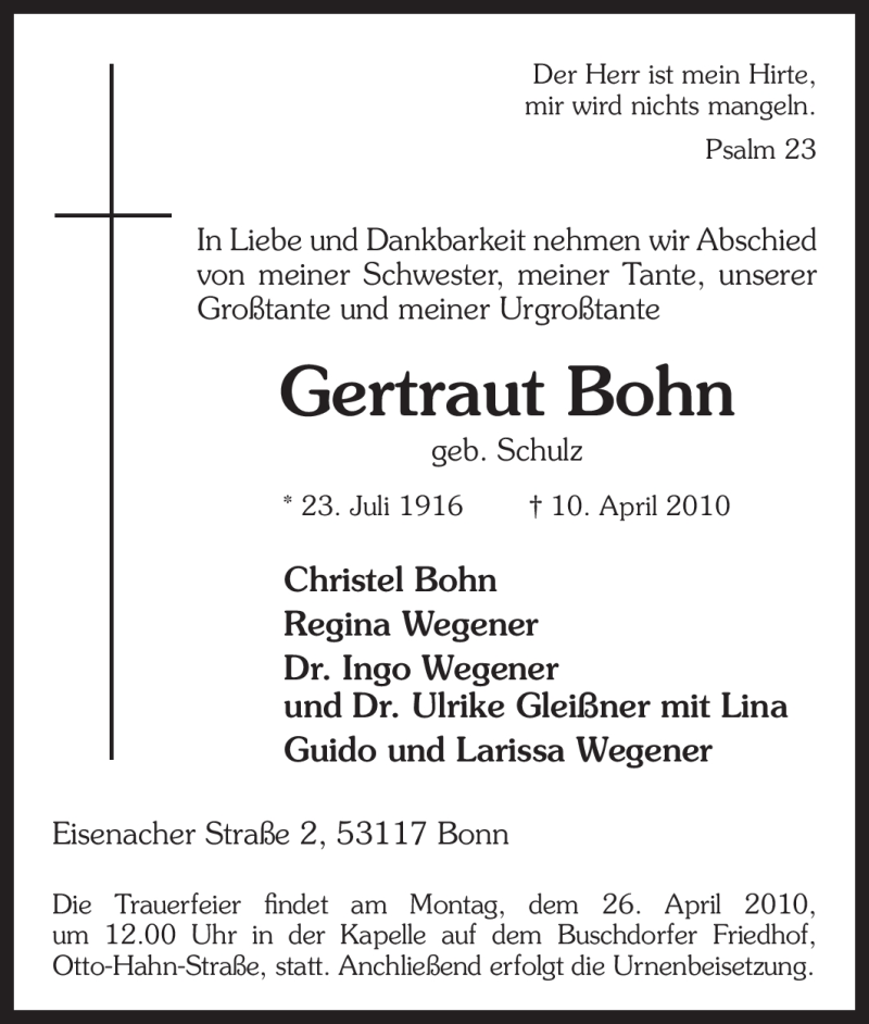  Traueranzeige für Gertraut Bohn vom 17.04.2010 aus Tageszeitung
