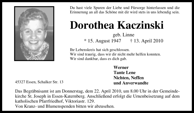  Traueranzeige für Dorothea Kaczinski vom 17.04.2010 aus Tageszeitung